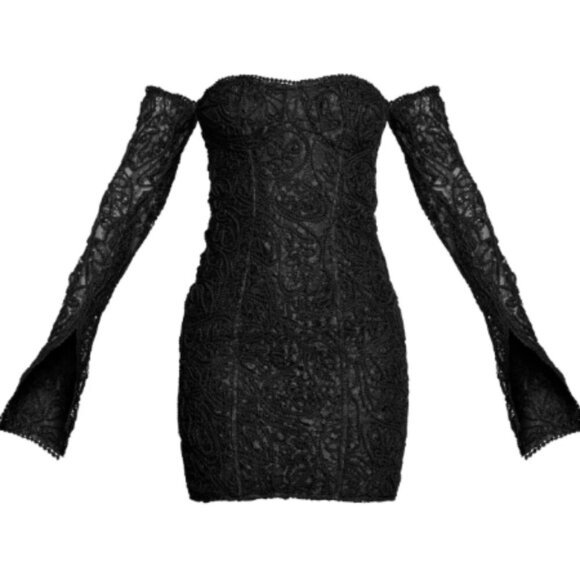 PrettyLittleThing Dresses & Skirts - PRETTYLITTLETHING Black Lace Bardot Long Split Sleeve Bodycon Dress Womens Sz 0